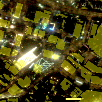 Figure 4 (Left) High resolution (spatial resolution around 1m) image of Central captured by Jilin-1 satellite overlaid with the footprint (yellow polygons) of individual buildings and structures recorded in the CDSI Portal. (Right) Light emitted by each building in the analysis had been conducted with the height of buildings from the CDSI Portal included (white polygons). Image credit: Hong Kong Light Pollution Research Project Team, HKU.